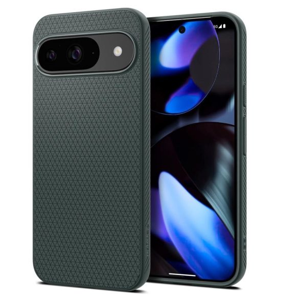Google Pixel 9 / 9 Pro, Szilikon tok, Spigen Liquid Air, háromszög minta, sötétzöld