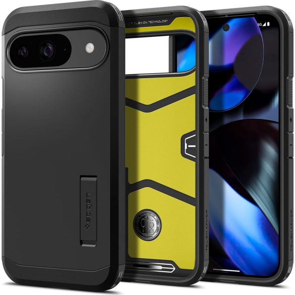Google Pixel 9 / 9 Pro, Szilikon tok + műanyag hátlap, kitámasztóval, Spigen Tough Armor, fekete