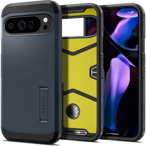 Google Pixel 9 Pro XL, Szilikon tok + műanyag hátlap, kitámasztóval, Spigen Tough Armor, sötétkék