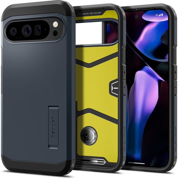 Google Pixel 9 Pro XL, Szilikon tok + műanyag hátlap, kitámasztóval, Spigen Tough Armor, sötétkék