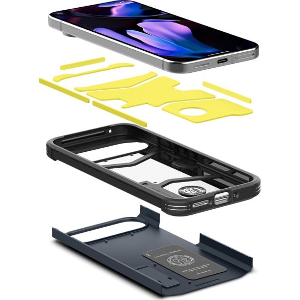 Google Pixel 9 Pro XL, Szilikon tok + műanyag hátlap, kitámasztóval, Spigen Tough Armor, sötétkék