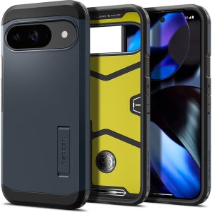 Google Pixel 9 / 9 Pro, Szilikon tok + műanyag hátlap, kitámasztóval, Spigen Tough Armor, sötétkék