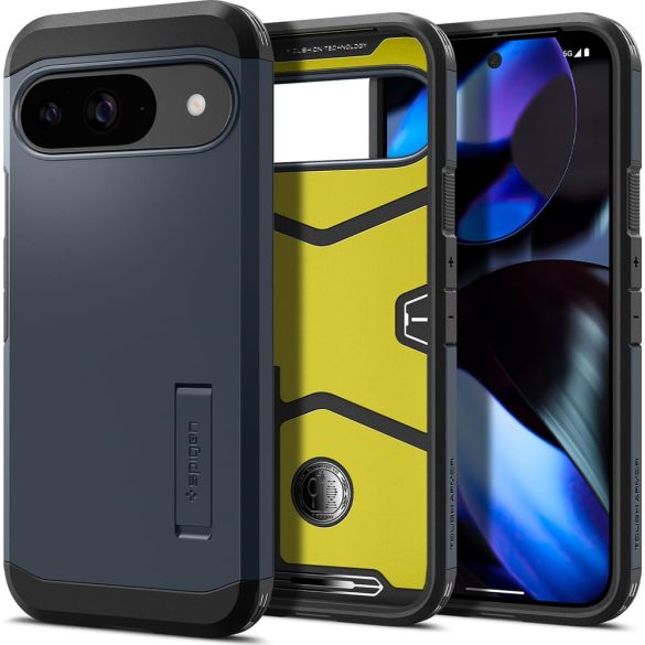 Google Pixel 9 / 9 Pro, Szilikon tok + műanyag hátlap, kitámasztóval, Spigen Tough Armor, sötétkék