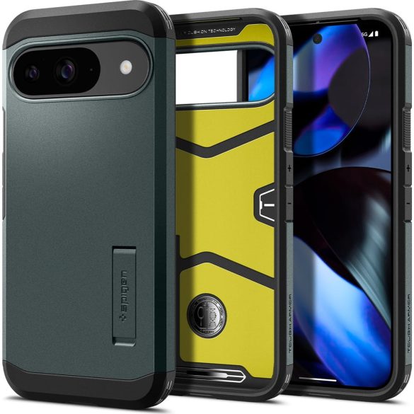 Google Pixel 9 / 9 Pro, Szilikon tok + műanyag hátlap, kitámasztóval, Spigen Tough Armor, sötétzöld