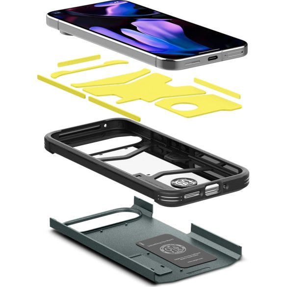 Google Pixel 9 / 9 Pro, Szilikon tok + műanyag hátlap, kitámasztóval, Spigen Tough Armor, sötétzöld