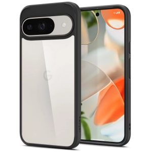 Google Pixel 9 / 9 Pro, Műanyag hátlap védőtok + szilikon keret, Spigen Ultra Hybrid, átlátszó/fekete
