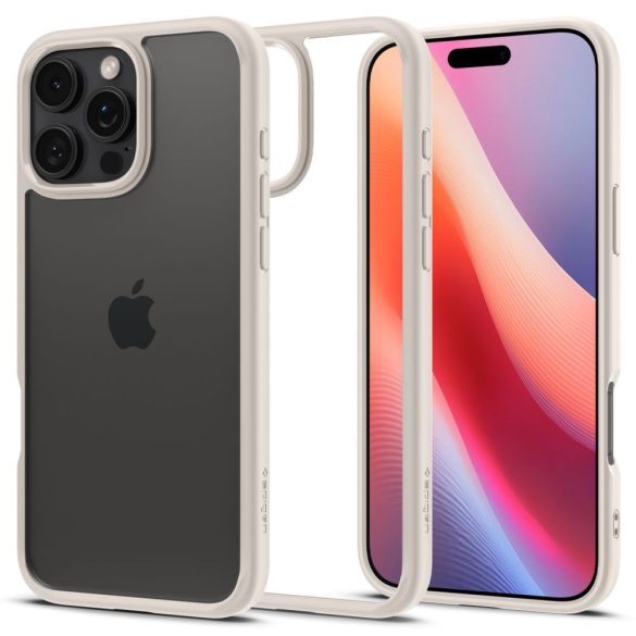 Apple iPhone 16 Pro Max, Műanyag hátlap védőtok + szilikon keret, Spigen Ultra Hybrid, átlátszó/titánszürke