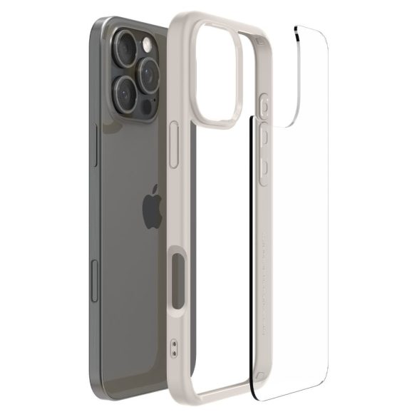 Apple iPhone 16 Pro Max, Műanyag hátlap védőtok + szilikon keret, Spigen Ultra Hybrid, átlátszó/titánszürke