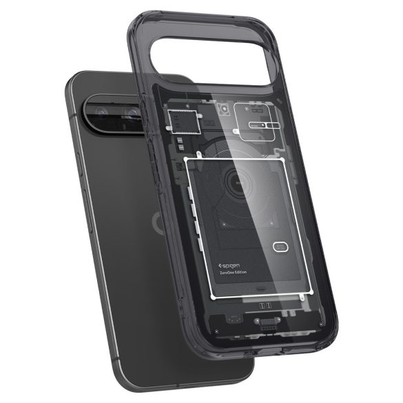 Google Pixel 9 / 9 Pro, Műanyag hátlap védőtok + szilikon keret, Telefon belső minta, Spigen Ultra Hybrid Zero One, átlátszó/füst