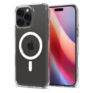 Apple iPhone 16 Pro Max, Szilikon tok + műanyag keret, közepesen ütésálló, Magsafe töltővel kompatibilis, Spigen Crystal Hybrid Mag, átlátszó/fehér