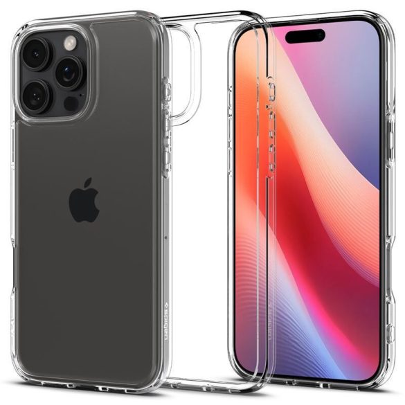 Apple iPhone 16 Pro Max, Szilikon tok + műanyag keret, közepesen ütésálló, Spigen Crystal Hybrid, átlátszó