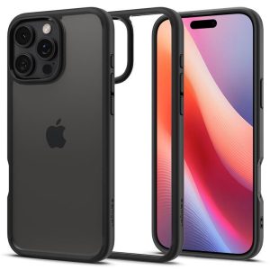 Apple iPhone 16 Pro Max, Szilikon tok + műanyag keret, közepesen ütésálló, Spigen Crystal Hybrid, átlátszó/fekete