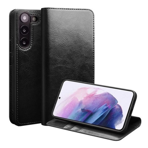 Samsung Galaxy S23 Plus SM-S916, Oldalra nyíló tok, valódi bőrtok, Qialino, fekete
