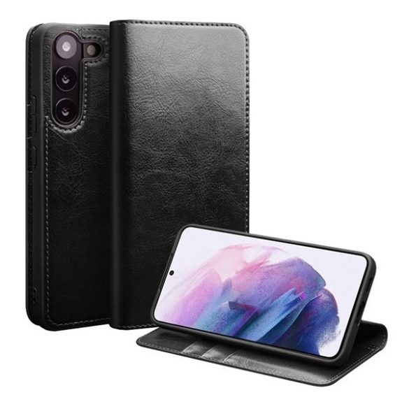 Samsung Galaxy S23 SM-S911, Oldalra nyíló tok, valódi bőrtok, Qialino, fekete