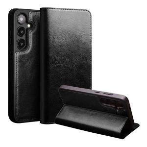 Samsung Galaxy S24 Plus SM-S926, Oldalra nyíló tok, valódi bőrtok, Qialino, fekete