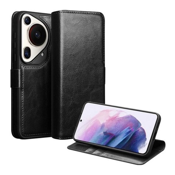 Huawei Pura 70 Ultra, Oldalra nyíló tok, valódi bőrtok, Qialino, fekete