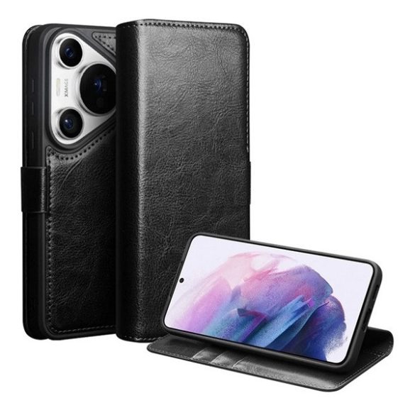Huawei Pura 70 Pro / 70 Pro Plus, Oldalra nyíló tok, valódi bőrtok, Qialino, fekete