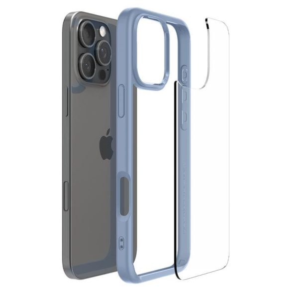 Apple iPhone 16 Pro Max, Szilikon tok + műanyag keret, közepesen ütésálló, Spigen Crystal Hybrid, átlátszó/kék