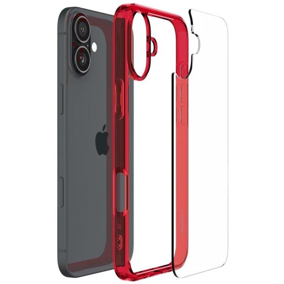 Apple iPhone 16, Műanyag hátlap védőtok + szilikon keret, Spigen Ultra Hybrid, átlátszó/piros