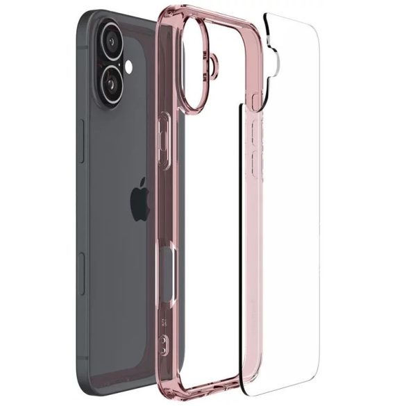 Apple iPhone 16, Műanyag hátlap védőtok + szilikon keret, Spigen Ultra Hybrid, átlátszó/rózsaszín