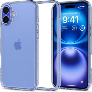 Apple iPhone 16, Műanyag hátlap védőtok + szilikon keret, Spigen Ultra Hybrid, átlátszó/kék