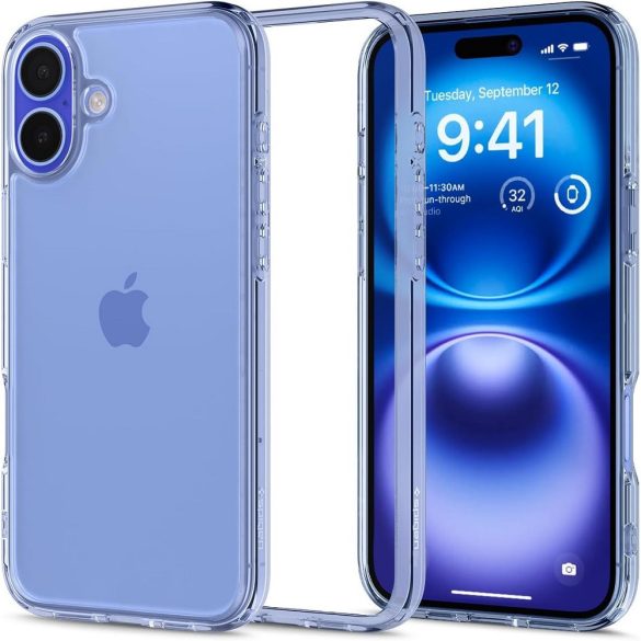 Apple iPhone 16, Műanyag hátlap védőtok + szilikon keret, Spigen Ultra Hybrid, átlátszó/kék