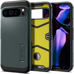 Google Pixel 9 Pro XL, Szilikon tok + műanyag hátlap, kitámasztóval, Spigen Tough Armor, sötétzöld