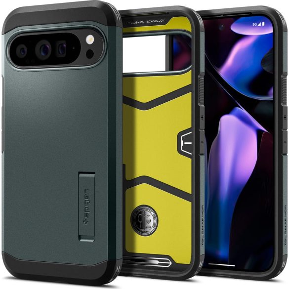Google Pixel 9 Pro XL, Szilikon tok + műanyag hátlap, kitámasztóval, Spigen Tough Armor, sötétzöld