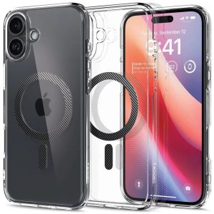 Apple iPhone 16 Plus, Műanyag hátlap védőtok + szilikon keret, Magsafe töltővel kompatibilis, karbon minta, Spigen Ultra Hybrid Mag, átlátszó/mintás