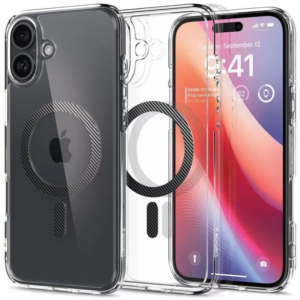 Apple iPhone 16 Plus, Műanyag hátlap védőtok + szilikon keret, Magsafe töltővel kompatibilis, karbon minta, Spigen Ultra Hybrid Mag, átlátszó/mintás