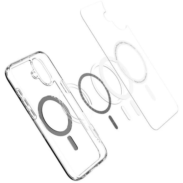 Apple iPhone 16 Plus, Műanyag hátlap védőtok + szilikon keret, Magsafe töltővel kompatibilis, karbon minta, Spigen Ultra Hybrid Mag, átlátszó/mintás