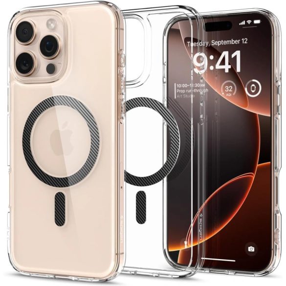 Apple iPhone 16 Pro, Műanyag hátlap védőtok + szilikon keret, Magsafe töltővel kompatibilis, karbon minta, Spigen Ultra Hybrid Mag, átlátszó/mintás