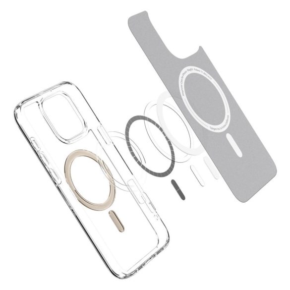 Apple iPhone 16, Műanyag hátlap védőtok + szilikon keret, Magsafe töltővel kompatibilis, Spigen Ultra Hybrid Mag, átlátszó/arany