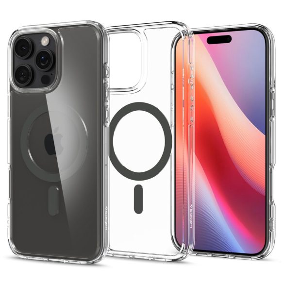Apple iPhone 16 Pro, Műanyag hátlap védőtok + szilikon keret, Magsafe töltővel kompatibilis, Spigen Ultra Hybrid Mag, átlátszó/szürke