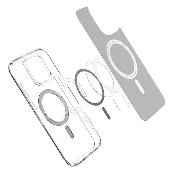 Apple iPhone 16 Pro, Műanyag hátlap védőtok + szilikon keret, Magsafe töltővel kompatibilis, Spigen Ultra Hybrid Mag, átlátszó/szürke