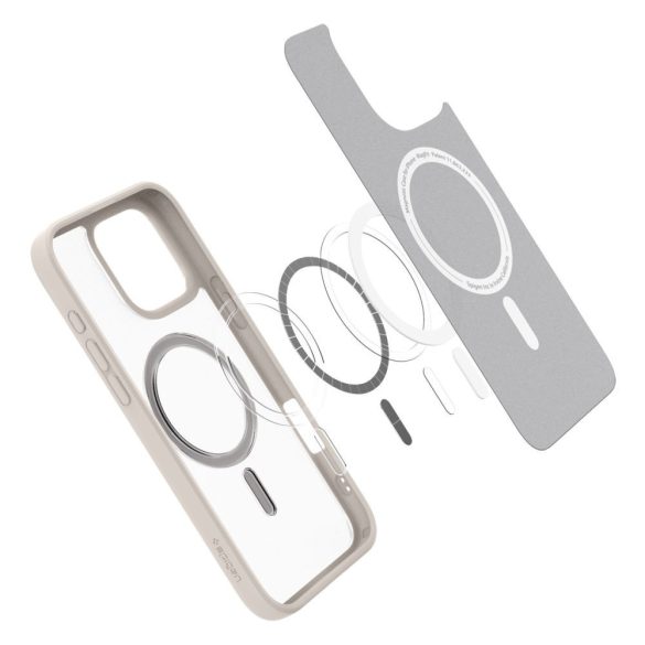 Apple iPhone 16 Pro, Műanyag hátlap védőtok + szilikon keret, Magsafe töltővel kompatibilis, Spigen Ultra Hybrid Mag Matte, áttetsző/bézs