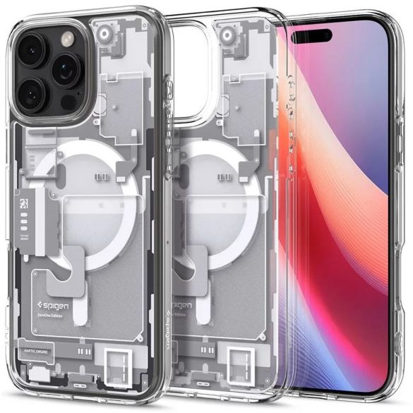 Apple iPhone 16 Pro Max, Műanyag hátlap védőtok + szilikon keret, Magsafe töltővel kompatibilis, iPhone belső minta, Spigen Ultra Hybrid Zero One Mag, átlátszó/fehér