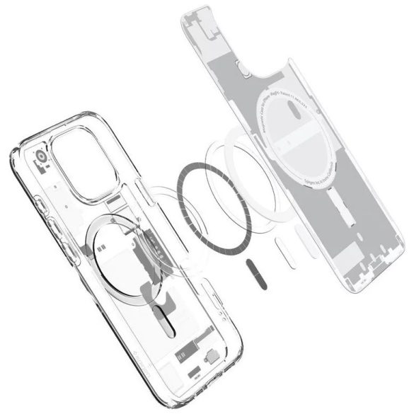 Apple iPhone 16 Pro Max, Műanyag hátlap védőtok + szilikon keret, Magsafe töltővel kompatibilis, iPhone belső minta, Spigen Ultra Hybrid Zero One Mag, átlátszó/fehér