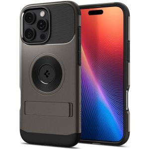 Apple iPhone 16 Pro Max, Szilikon tok, műanyag hátlappal, kitámasztóval, Magsafe töltővel kompatibilis, Spigen Slim Armor Mag, sötétszürke