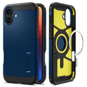 Apple iPhone 16, Szilikon tok + műanyag hátlap, Magsafe töltővel kompatibilis, kitámasztóval, Spigen Tough Armor Mag, sötétkék