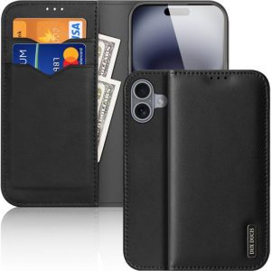 Apple iPhone 16, Oldalra nyíló tok, valódi bőrtok, stand, Dux Ducis Hivo, fekete