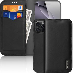 Apple iPhone 16 Pro, Oldalra nyíló tok, valódi bőrtok, stand, Dux Ducis Hivo, fekete