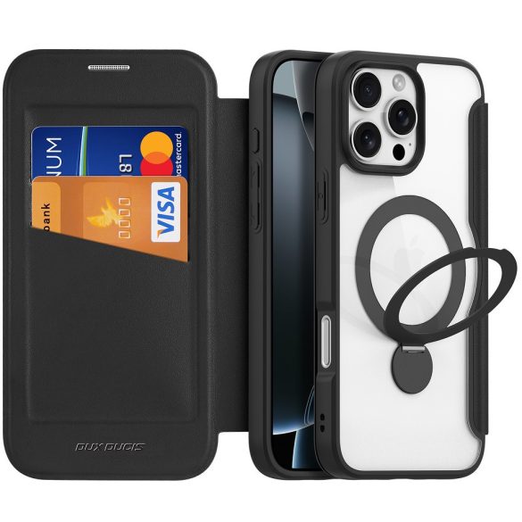 Apple iPhone 16 Pro Max, Oldalra nyíló tok, stand, közepesen ütésálló, kitámasztóval, RFID technológiával, Magsafe kompatibilis, Dux Ducis Skin X Pro Ring Stand Magsafe, fekete