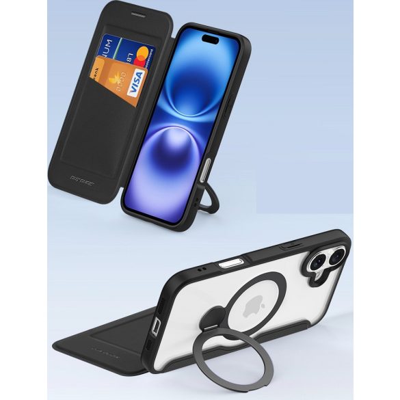Apple iPhone 16 Pro Max, Oldalra nyíló tok, stand, közepesen ütésálló, kitámasztóval, RFID technológiával, Magsafe kompatibilis, Dux Ducis Skin X Pro Ring Stand Magsafe, fekete