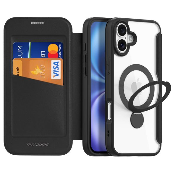 Apple iPhone 16, Oldalra nyíló tok, stand, közepesen ütésálló, kitámasztóval, RFID technológiával, Magsafe kompatibilis, Dux Ducis Skin X Pro Ring Stand Magsafe, fekete