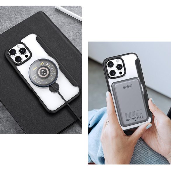 Apple iPhone 16, Oldalra nyíló tok, stand, közepesen ütésálló, kitámasztóval, RFID technológiával, Magsafe kompatibilis, Dux Ducis Skin X Pro Ring Stand Magsafe, fekete