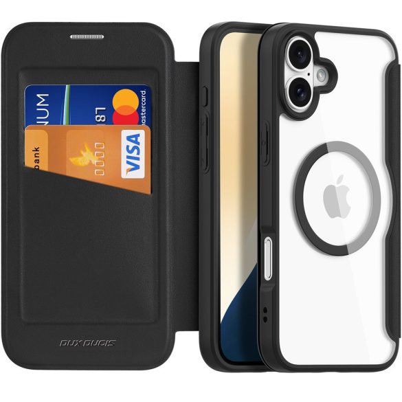 Apple iPhone 16 Plus, Oldalra nyíló tok, stand, közepesen ütésálló, Magsafe kompatibilis, Dux Ducis Skin Pro Magsafe, fekete