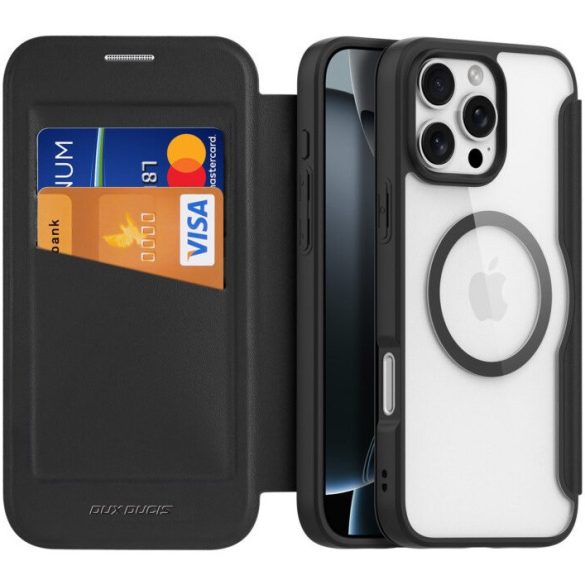 Apple iPhone 16 Pro, Oldalra nyíló tok, stand, közepesen ütésálló, Magsafe kompatibilis, Dux Ducis Skin Pro Magsafe, fekete