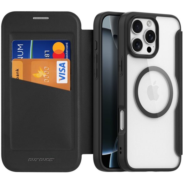 Apple iPhone 16 Pro Max, Oldalra nyíló tok, stand, közepesen ütésálló, Magsafe kompatibilis, Dux Ducis Skin Pro Magsafe, fekete