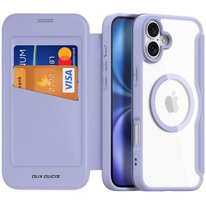 Apple iPhone 16, Oldalra nyíló tok, stand, közepesen ütésálló, Magsafe kompatibilis, Dux Ducis Skin Pro Magsafe, lila